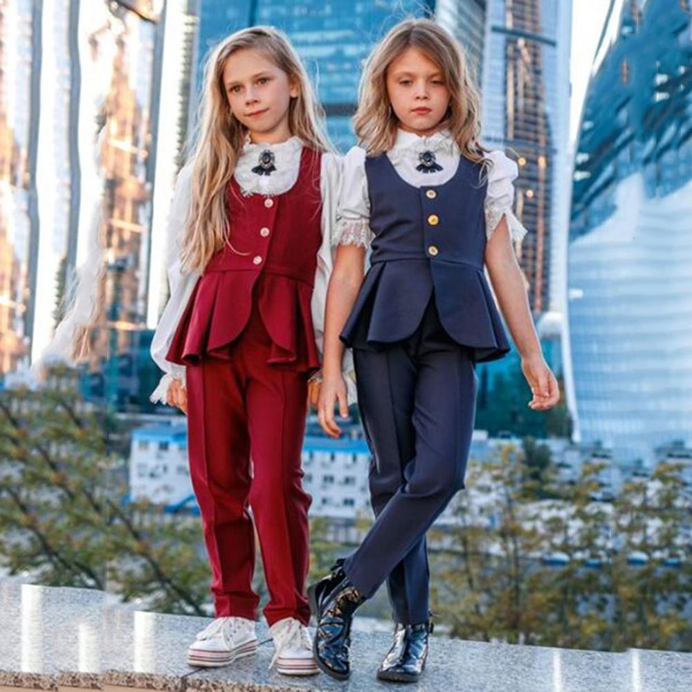 Girls Solid Lace Long Sleeve Tops & Vest & Pants - PrettyKid
