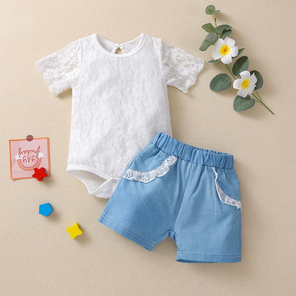 Baby Girls Solid Lace Short Sleeve Romper & Shorts Baby clothing Wholesale vendors - PrettyKid