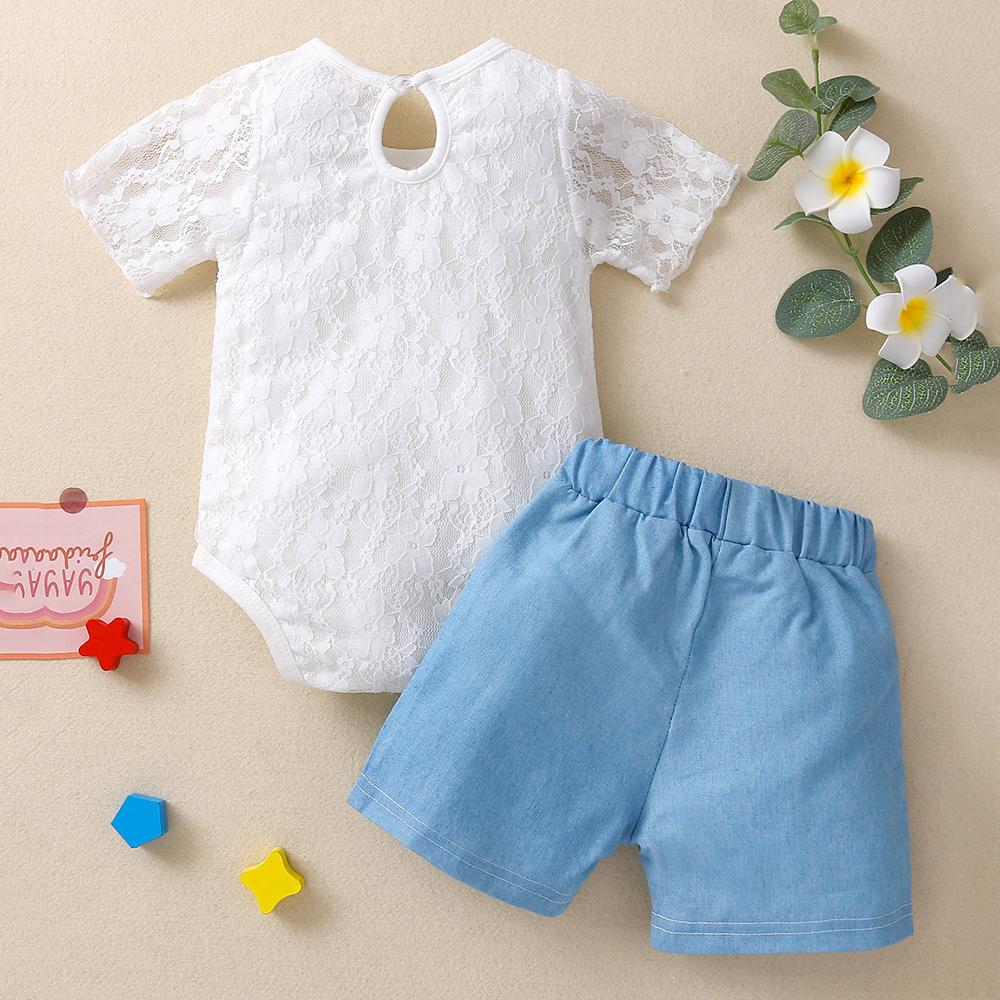 Baby Girls Solid Lace Short Sleeve Romper & Shorts Baby clothing Wholesale vendors - PrettyKid