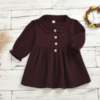 Girls Solid Lapel Button Pleated Long Sleeve Dress - PrettyKid