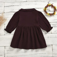 Girls Solid Lapel Button Pleated Long Sleeve Dress - PrettyKid