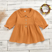 Girls Solid Lapel Button Pleated Long Sleeve Dress - PrettyKid