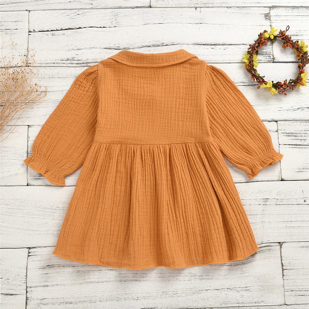 Girls Solid Lapel Button Pleated Long Sleeve Dress - PrettyKid