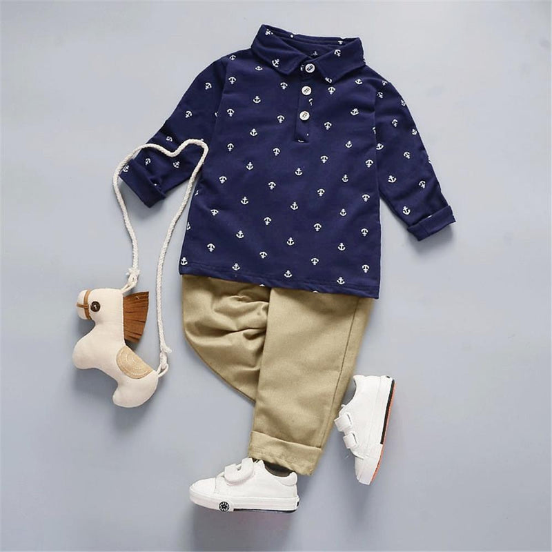 Boys Solid Lapel Long Sleeve Anchor Print Shirt & Pants - PrettyKid