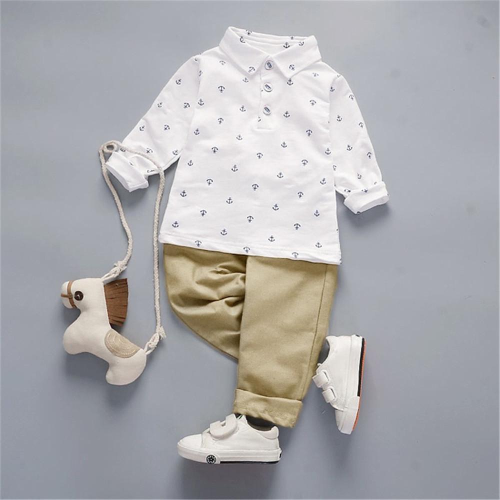 Boys Solid Lapel Long Sleeve Anchor Print Shirt & Pants - PrettyKid