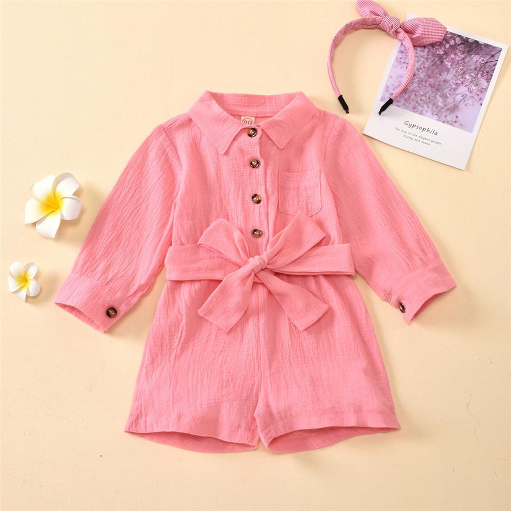 Girls Solid Lapel Long Sleeve Belt Jumpsuits - PrettyKid