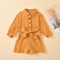 Girls Solid Lapel Long Sleeve Belt Jumpsuits - PrettyKid