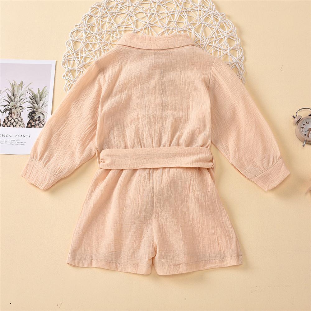 Girls Solid Lapel Long Sleeve Belt Jumpsuits - PrettyKid