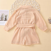 Girls Solid Lapel Long Sleeve Belt Jumpsuits - PrettyKid