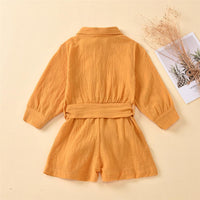 Girls Solid Lapel Long Sleeve Belt Jumpsuits - PrettyKid