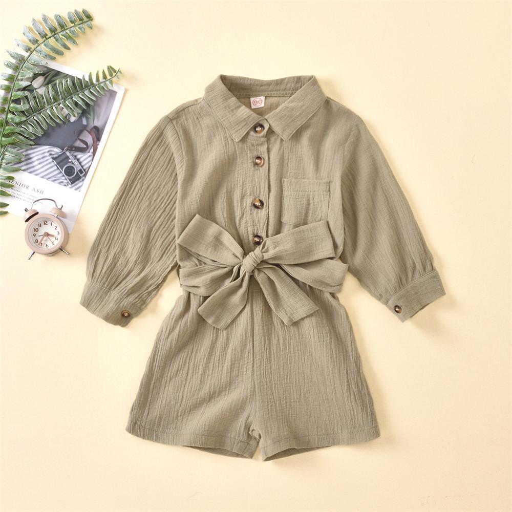 Girls Solid Lapel Long Sleeve Belt Jumpsuits - PrettyKid