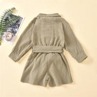 Girls Solid Lapel Long Sleeve Belt Jumpsuits - PrettyKid