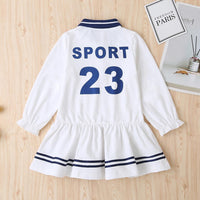 Girls Solid Lapel Number Printed Long Sleeve Dress Wholesale - PrettyKid