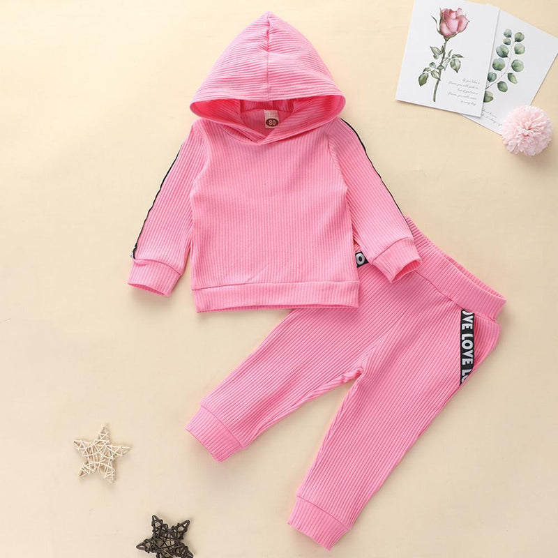 Girls Solid Letter Printed Hooded Long Sleeve Tracksuit Little Girl Outfits - PrettyKid