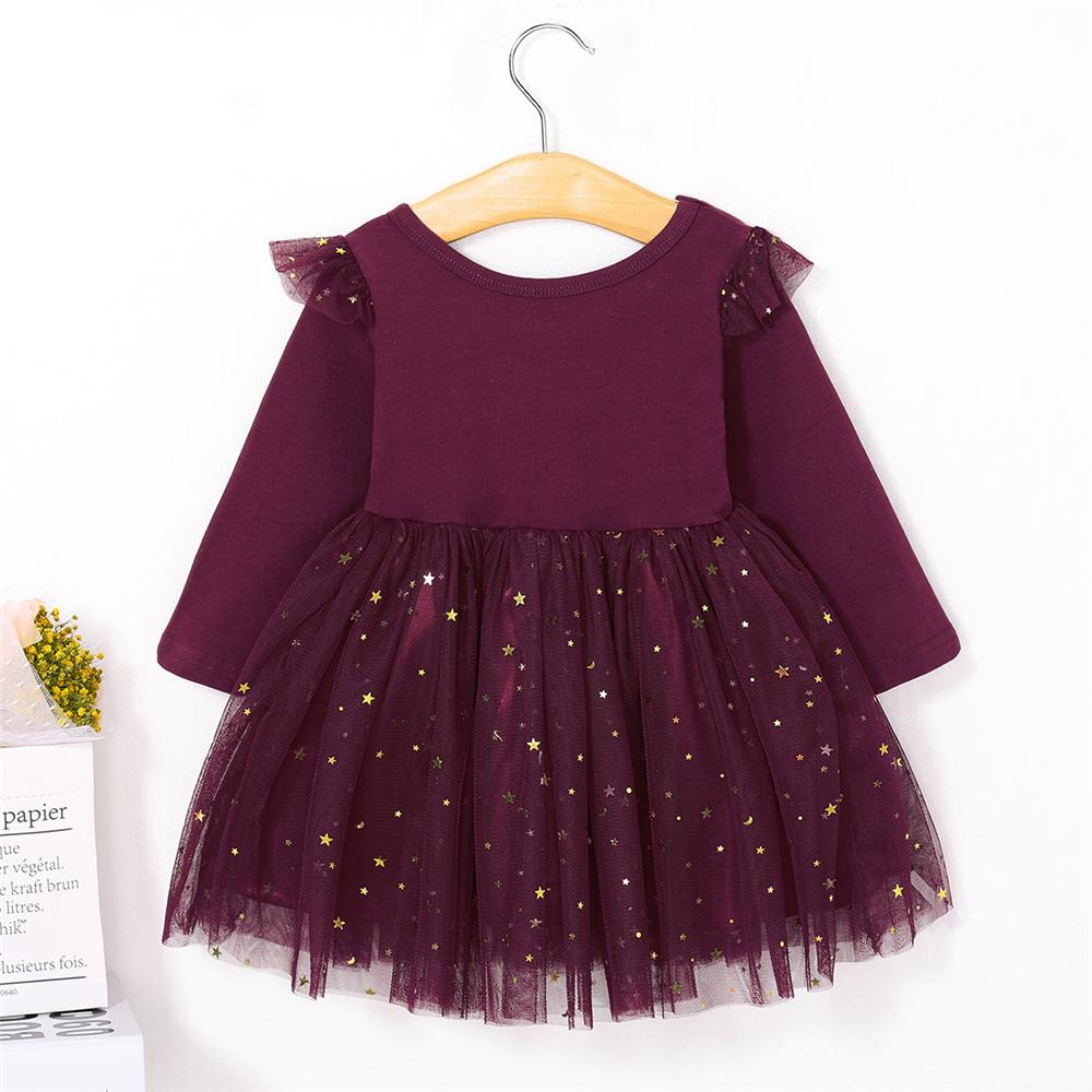 Girls Solid Long-Sleeve Mesh Dress Girls Wholesale Dresses - PrettyKid