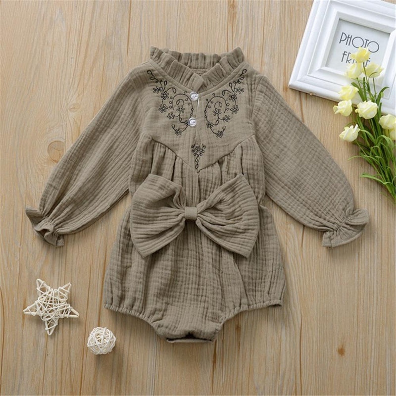 Baby Girls Solid Long Sleeve Bow Decor Romper Baby Clothes Vendors - PrettyKid
