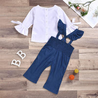 Girls Solid Flare Long Sleeve Bow Decor Tops & Denim Pants - PrettyKid