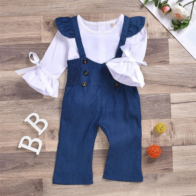 Girls Solid Flare Long Sleeve Bow Decor Tops & Denim Pants - PrettyKid