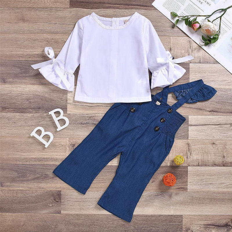 Girls Solid Flare Long Sleeve Bow Decor Tops & Denim Pants - PrettyKid