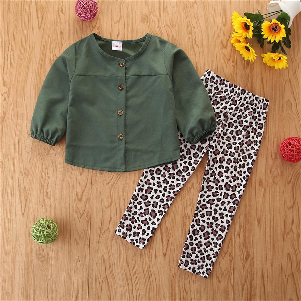 Girls Solid Long Sleeve Button Blouse & Leopard Pants Toddler Girls Wholesale - PrettyKid