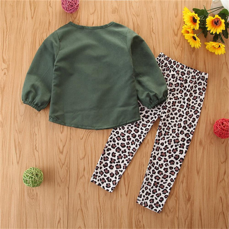 Girls Solid Long Sleeve Button Blouse & Leopard Pants Toddler Girls Wholesale - PrettyKid