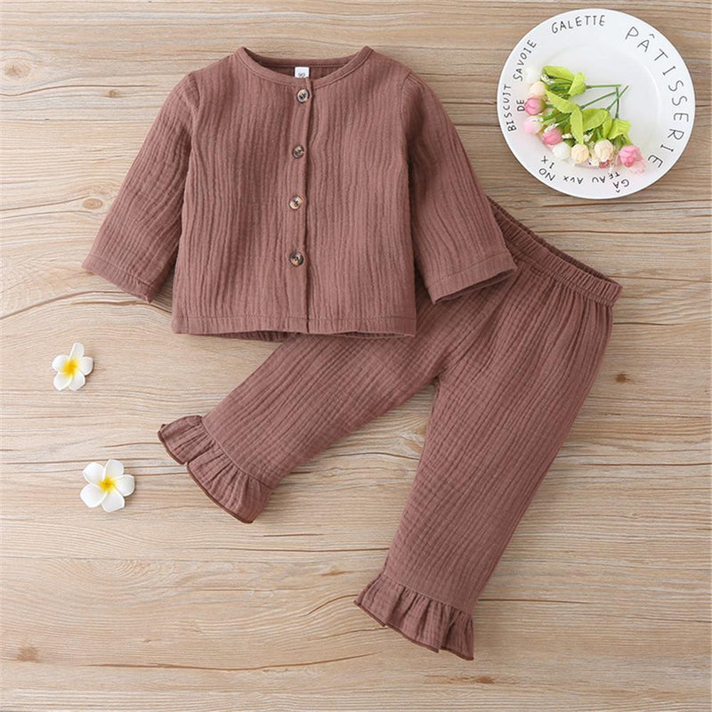 Girls Solid Long Sleeve Button Top & Pants - PrettyKid