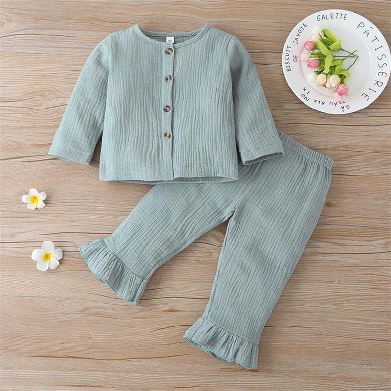 Girls Solid Long Sleeve Button Top & Pants - PrettyKid