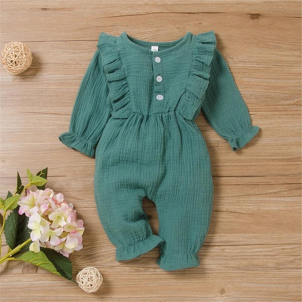 Baby Girls Solid Long Sleeve Cotton Linen Romper Baby Clothing In Bulk - PrettyKid