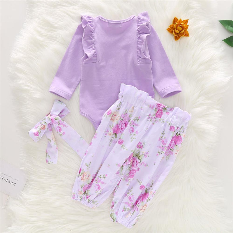 Girls Solid Long Sleeve Crew Neck Tops & Bow Floral Pants - PrettyKid