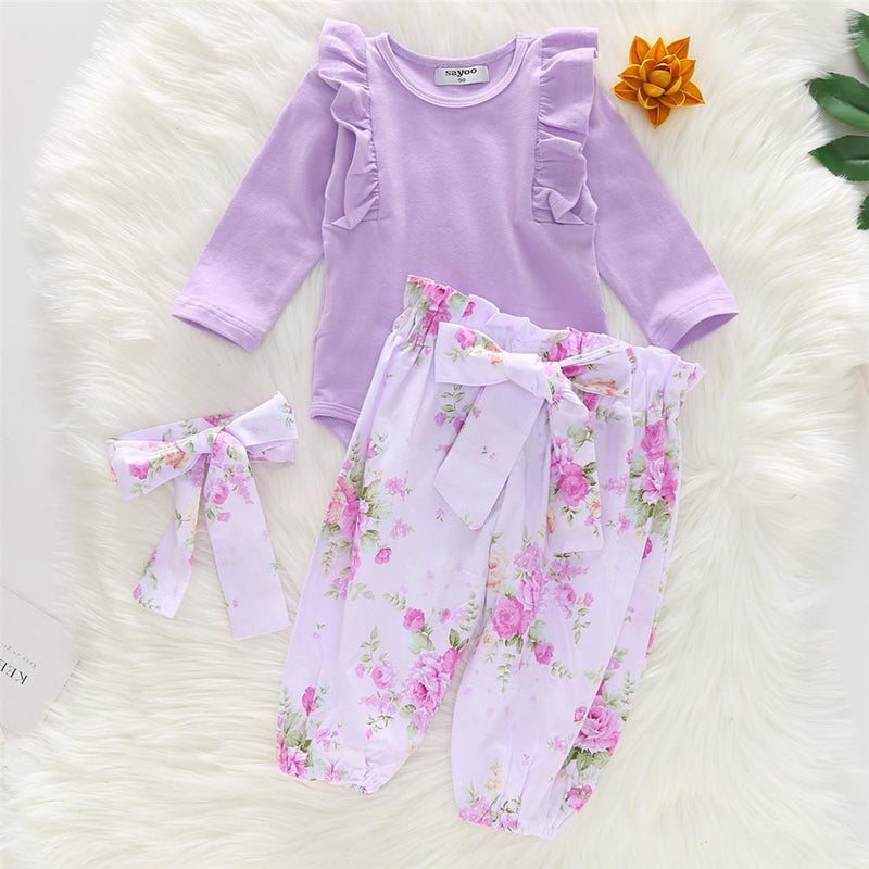 Girls Solid Long Sleeve Crew Neck Tops & Bow Floral Pants - PrettyKid