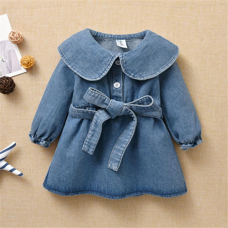 Baby Girls Solid Long Sleeve Denim Dress & Belt Baby Boutique Wholesale - PrettyKid