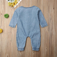 Baby Solid Long Sleeve Denim Rompers - PrettyKid