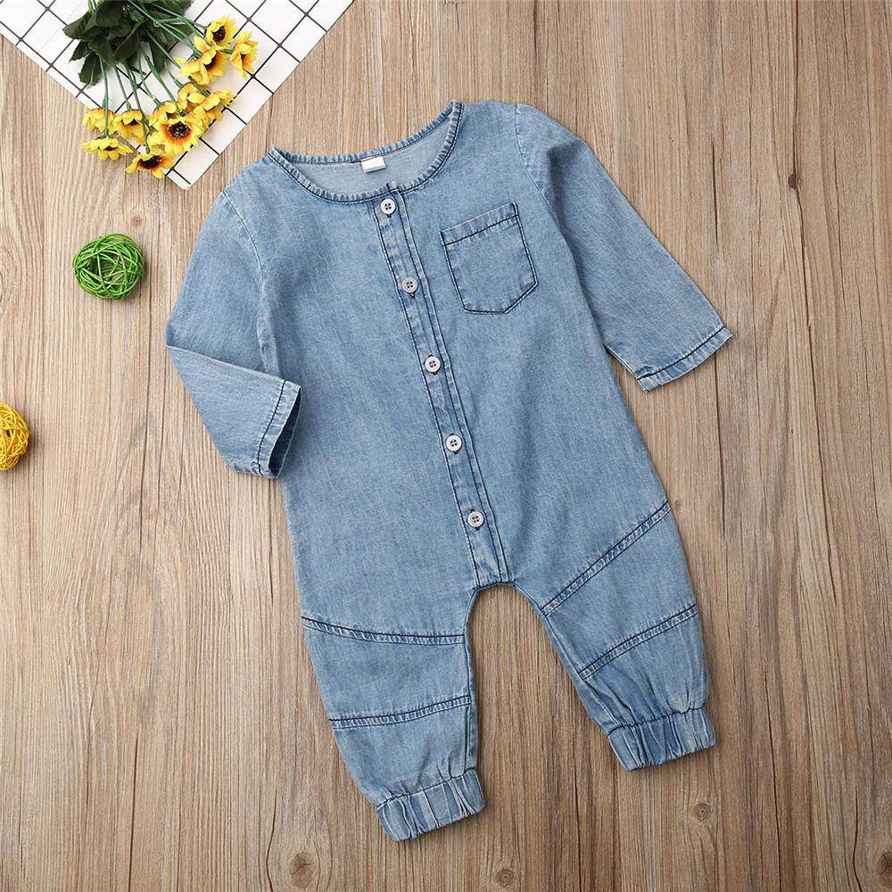 Baby Solid Long Sleeve Denim Rompers - PrettyKid