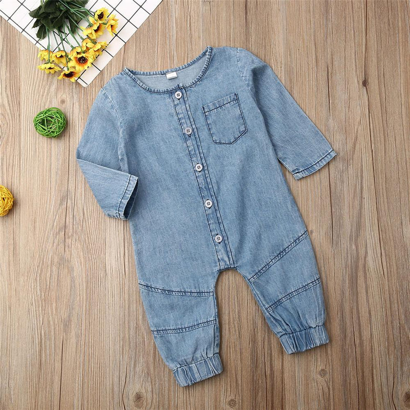 Baby Solid Long Sleeve Denim Rompers - PrettyKid