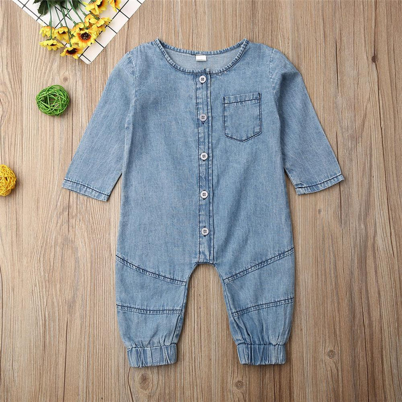 Baby Solid Long Sleeve Denim Rompers - PrettyKid