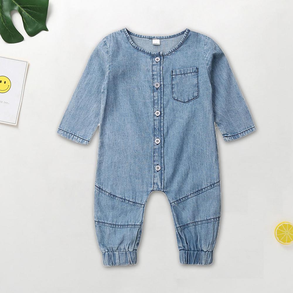 Baby Solid Long Sleeve Denim Rompers - PrettyKid