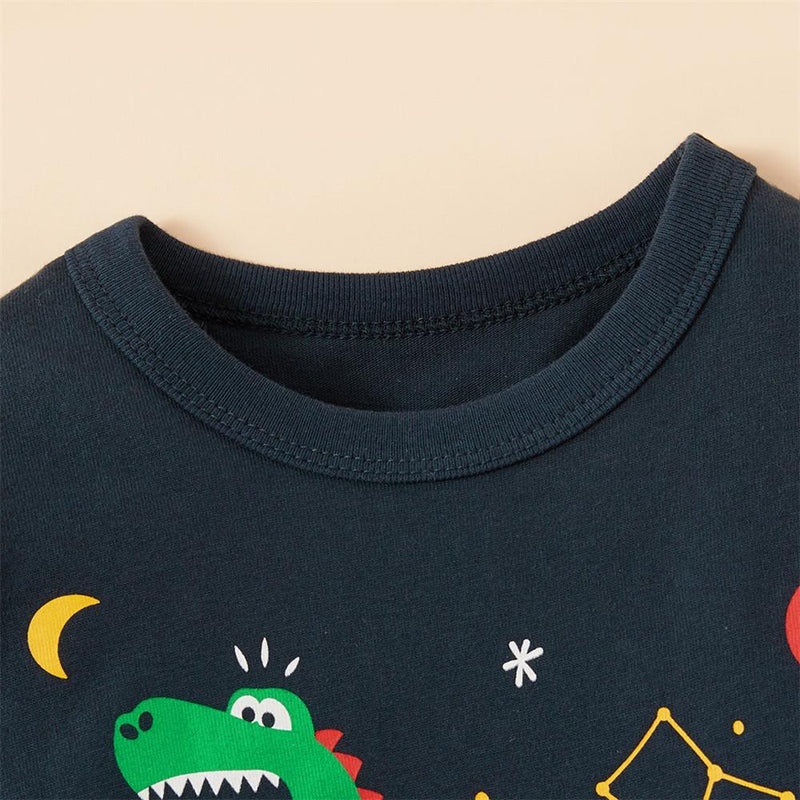 Boys Solid Long Sleeve Dinosaur Print T-shirts - PrettyKid