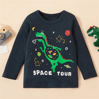 Boys Solid Long Sleeve Dinosaur Print T-shirts - PrettyKid