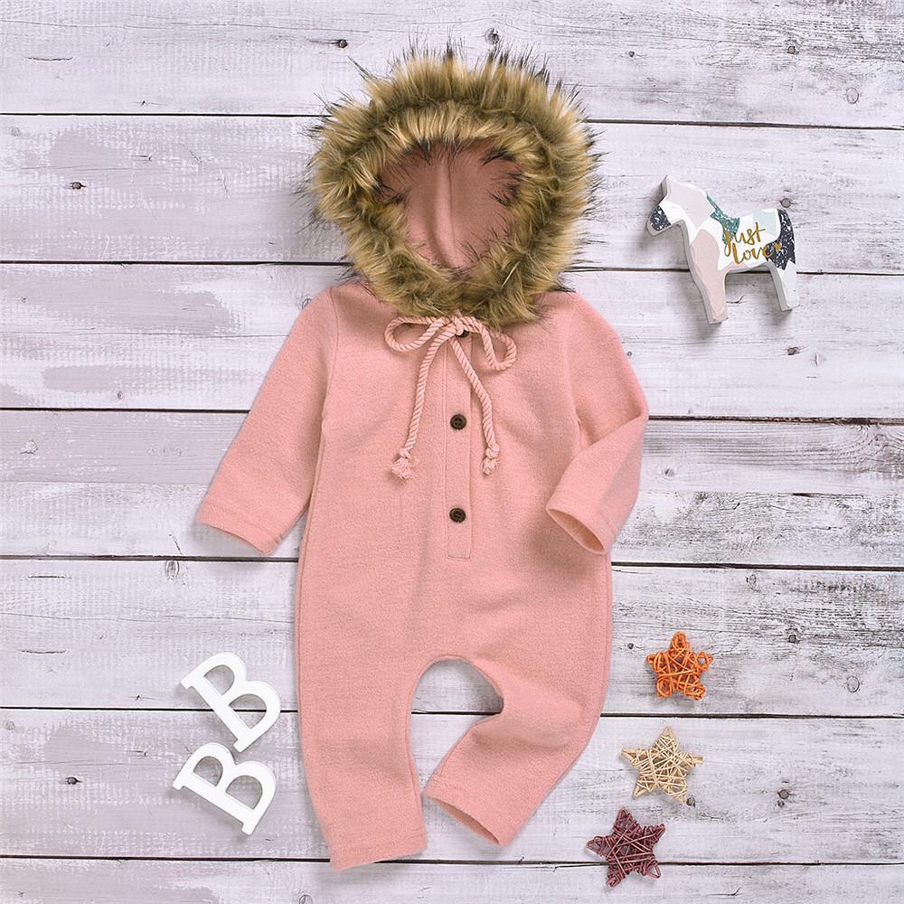 Baby Solid Long Sleeve Furry Hooded Warm Romper - PrettyKid