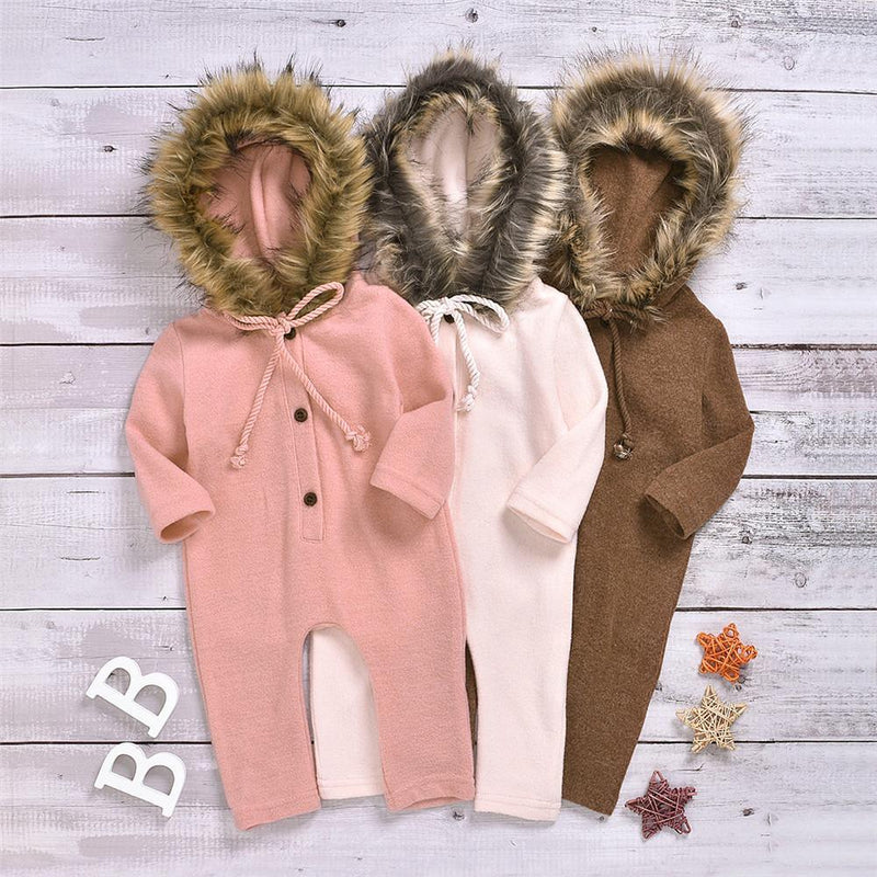 Baby Solid Long Sleeve Furry Hooded Warm Romper - PrettyKid