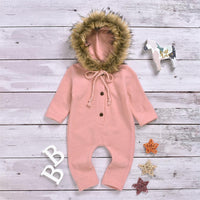 Baby Solid Long Sleeve Furry Hooded Warm Romper - PrettyKid