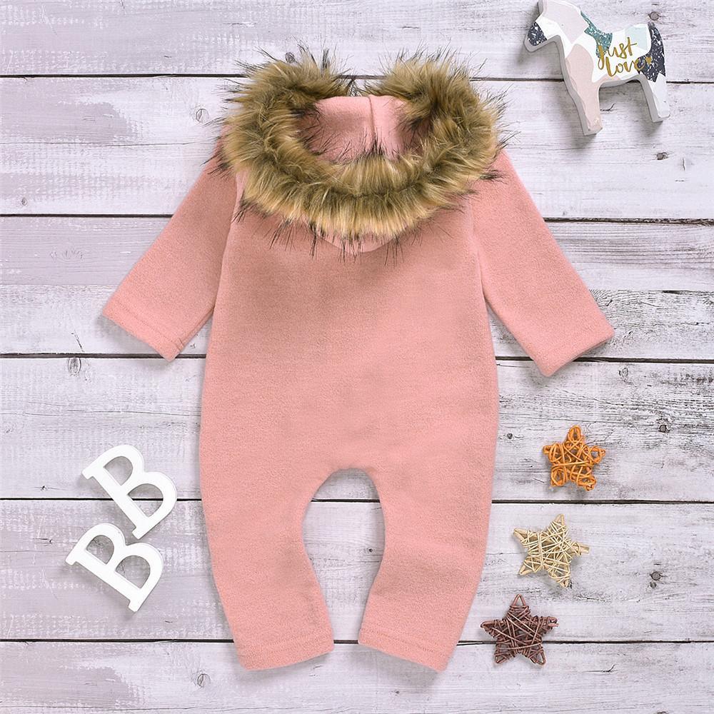 Baby Solid Long Sleeve Furry Hooded Warm Romper - PrettyKid