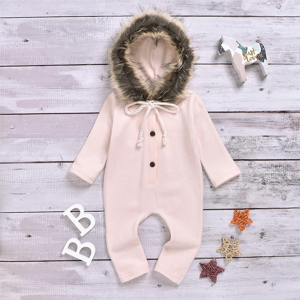 Baby Solid Long Sleeve Furry Hooded Warm Romper - PrettyKid