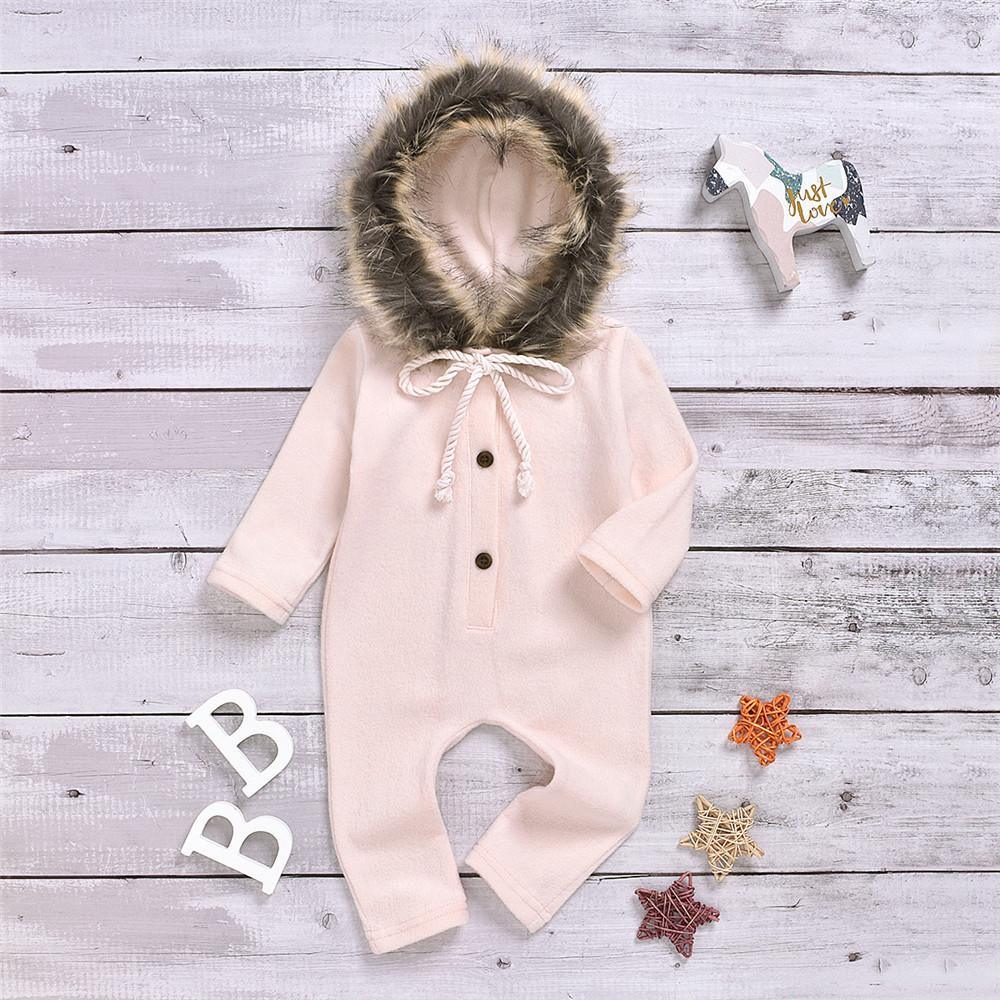 Baby Solid Long Sleeve Furry Hooded Warm Romper - PrettyKid