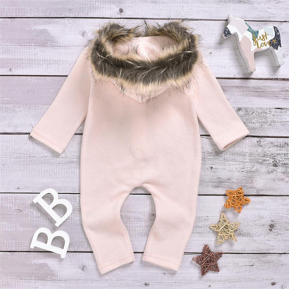 Baby Solid Long Sleeve Furry Hooded Warm Romper - PrettyKid