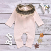 Baby Solid Long Sleeve Furry Hooded Warm Romper - PrettyKid