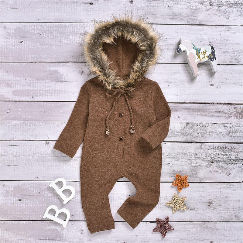 Baby Solid Long Sleeve Furry Hooded Warm Romper - PrettyKid