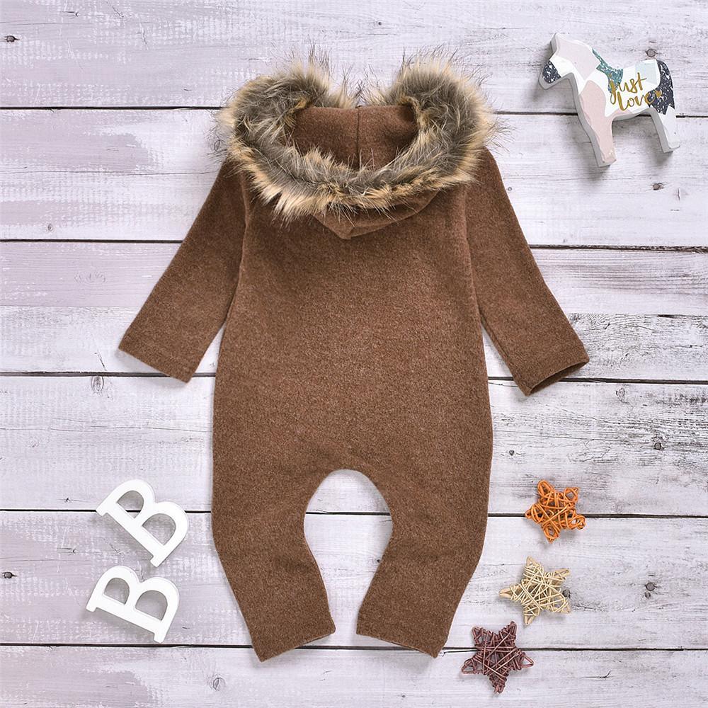 Baby Solid Long Sleeve Furry Hooded Warm Romper - PrettyKid