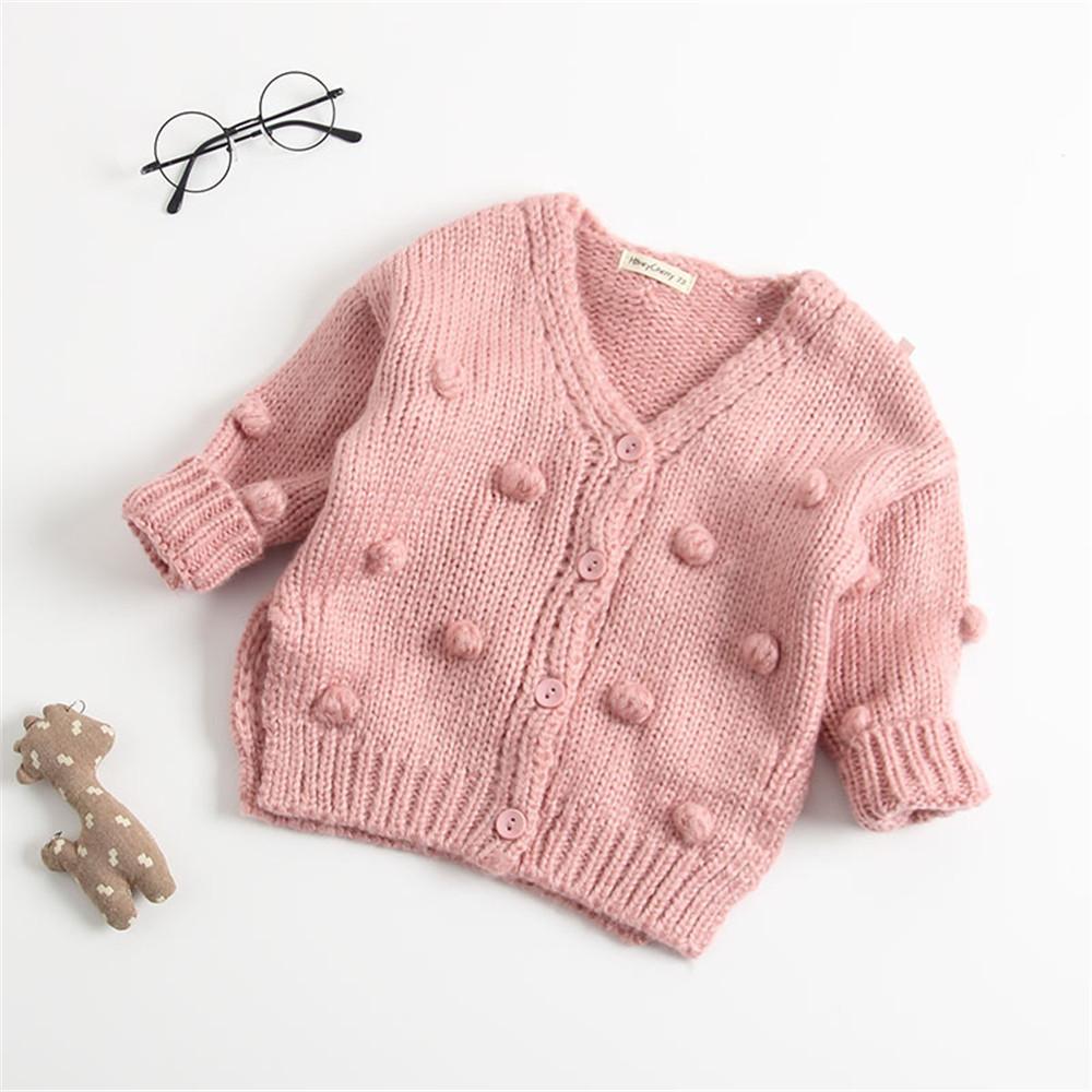 Girls Solid Long Sleeve Handmade Cardigan Bubble Ball Sweaters - PrettyKid