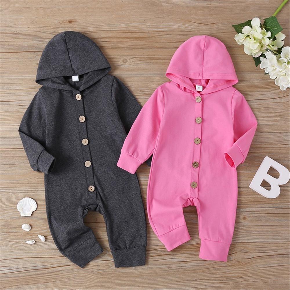 Baby Solid Long Sleeve Hooded Rompers - PrettyKid